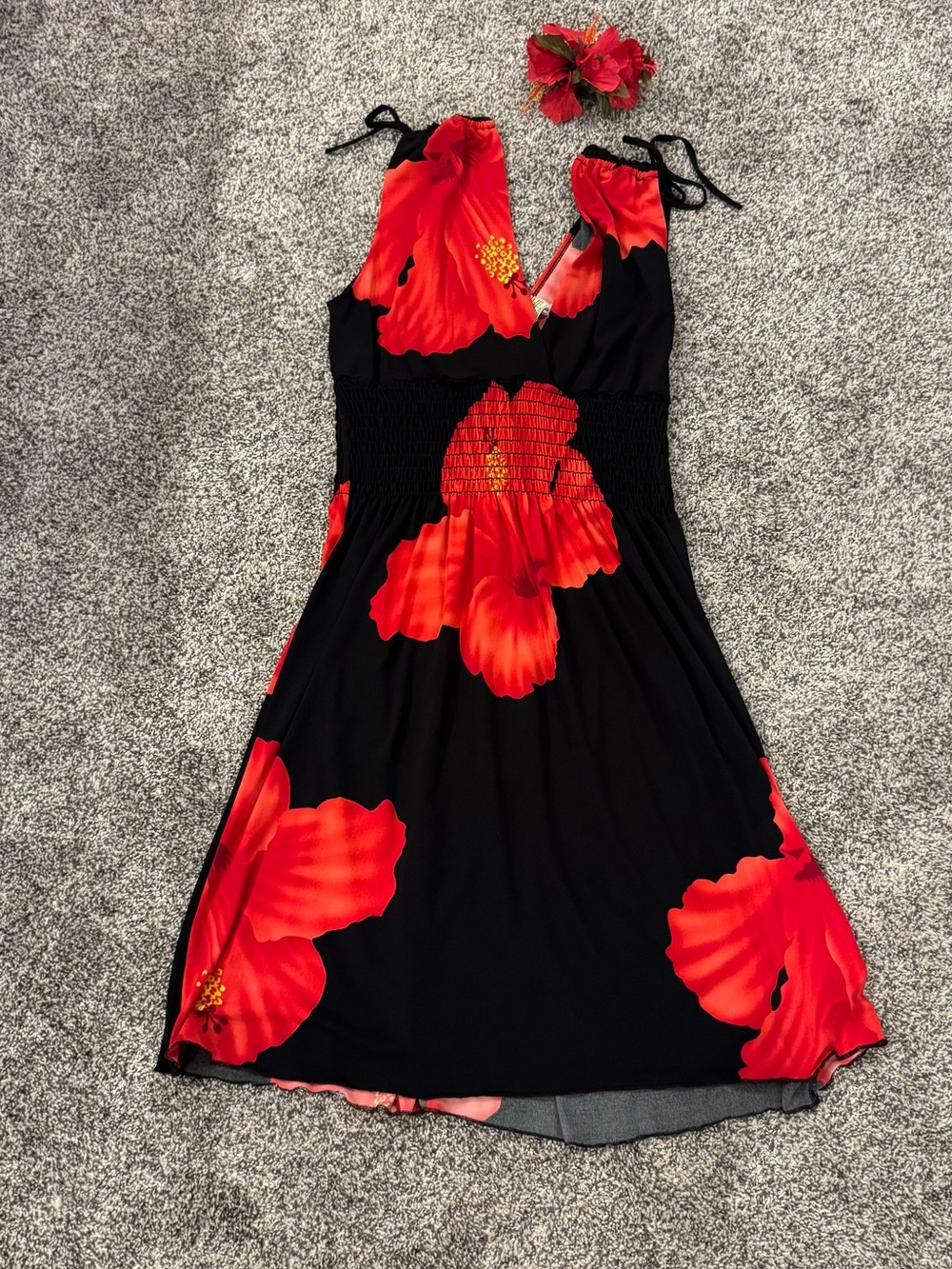 Pure Collection Red and Black Floral Hawaiian Maxi Dress with Matching Hair Clip